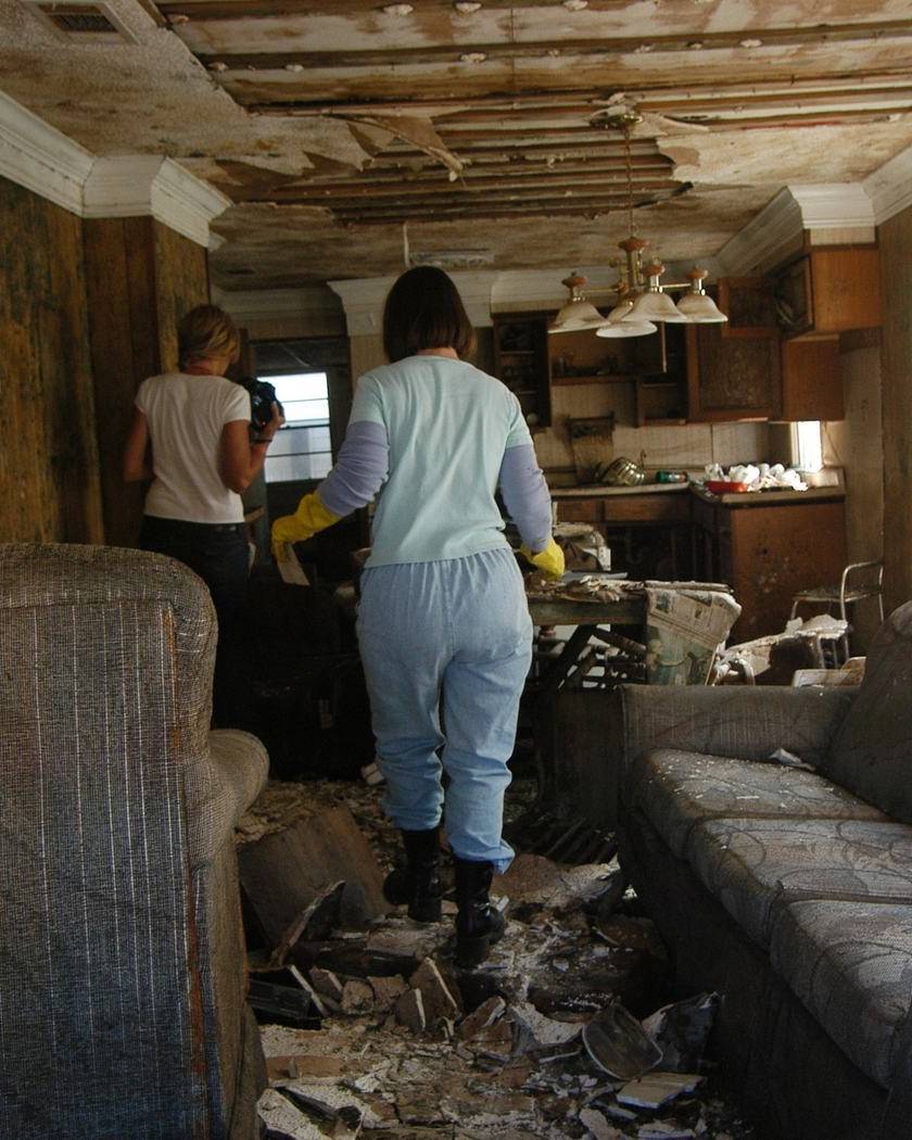 Mold on the walls and furniture of a flood-damaged living room